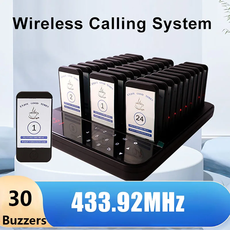 Wireless Restaurant Pager System Waterproof Queue Paging Calling System Meal Picker Set Calling Device with 30 Buzzers