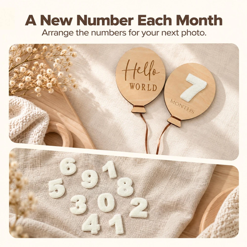 Felt Numbers Wood Balloon Photo Props Set Hello World Months 0-12M Baby Newborn Milestone Birthday Photography Gifts Accessories - view 4