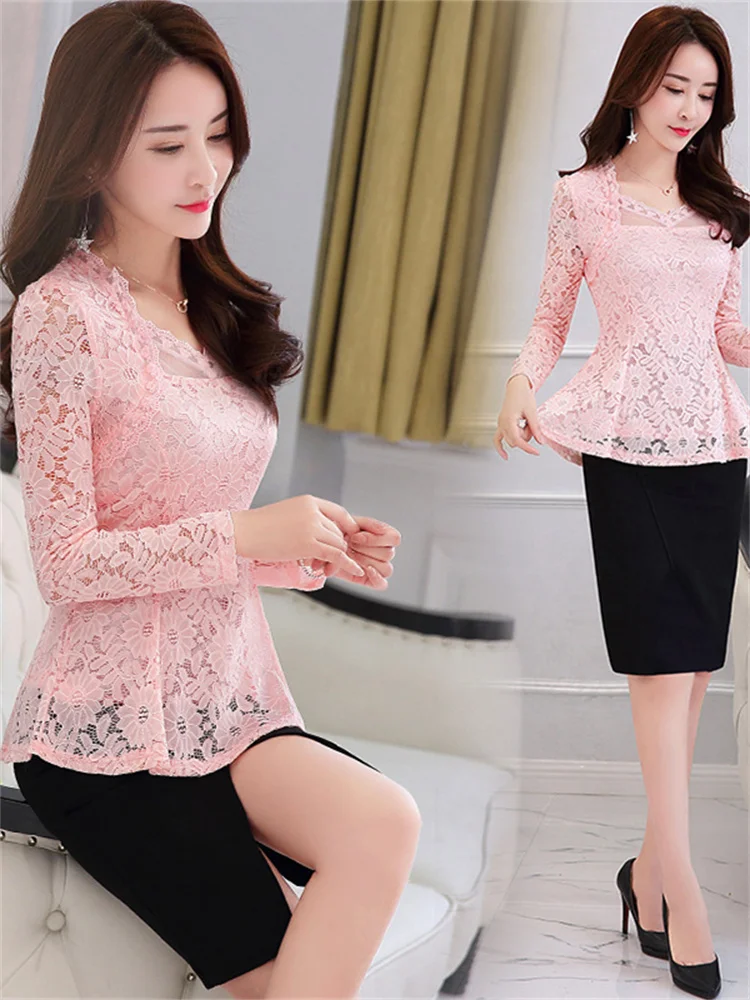 M-4XL  Women clothing Elegant ruffles Lace Tops Fashion Floral Casual shirt Sexy Ladies Long sleeve lace blouse