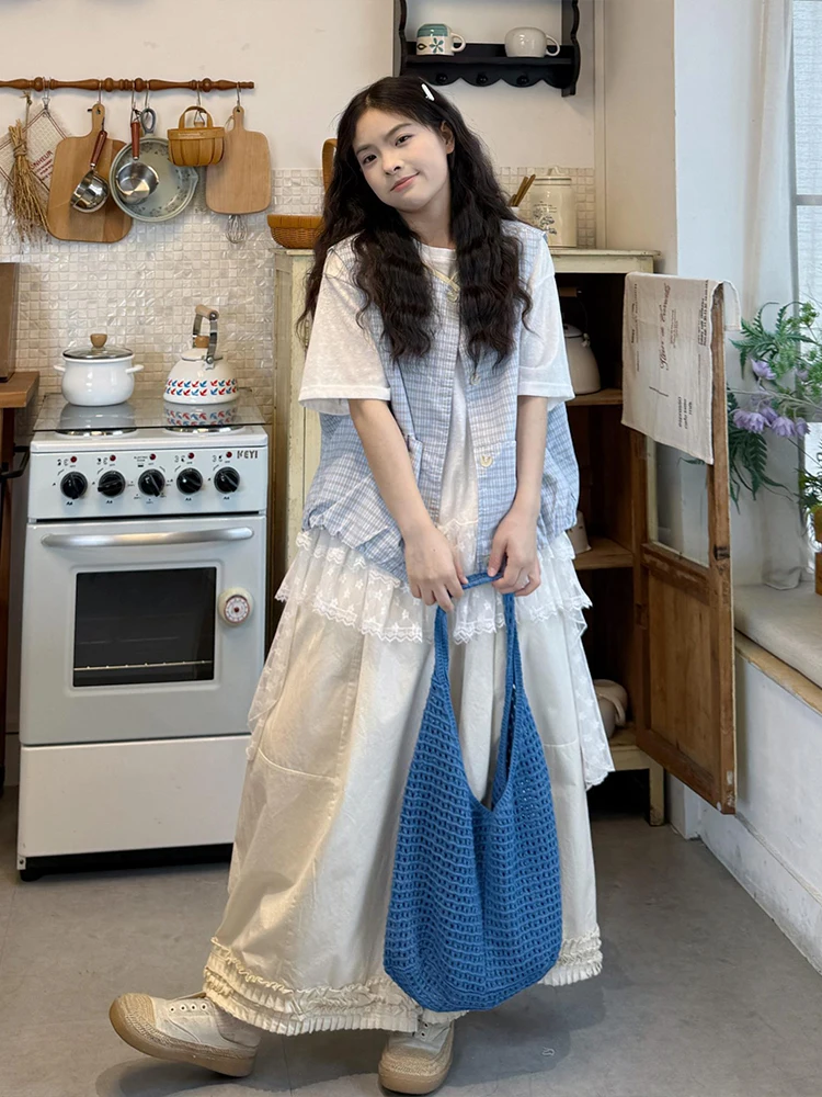 

Salt System Blue Summer New Arrival Outfit Lace Top Wide Leg Pants Set Comfortable Plaid Design Women's Fashion Ensemble