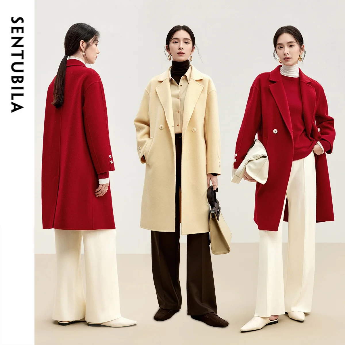 

SENTUBILA Women's Winter Coat 100% Woolen 2026 Fashion Straight Double Breasted Thick Outwaer Warm Evening Party Coat W44O56448