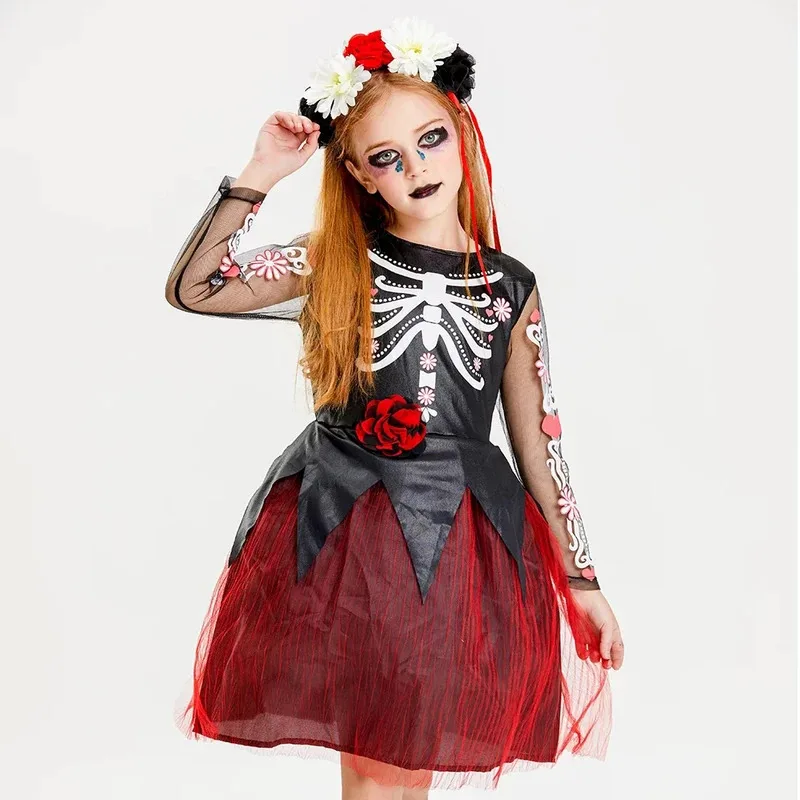 

Halloween Cosplay Girls Sleeveless Vintage Party Dress Scary Skull Witch Day of the Dead Costume