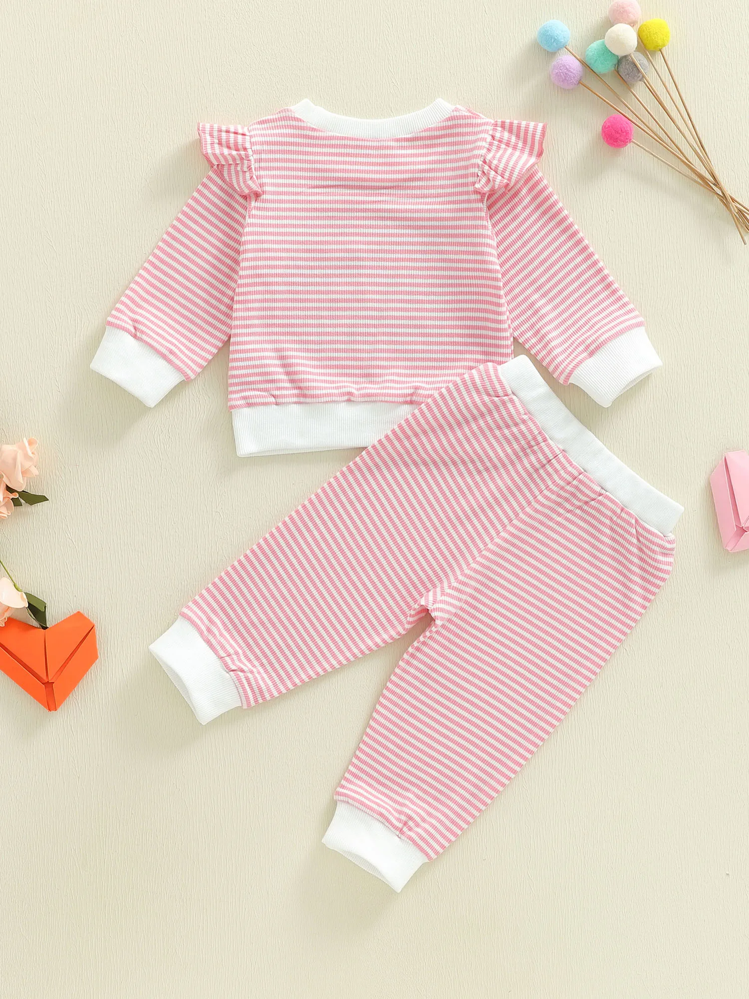 ملابس عيد الحب للفتيات الرضع طقم بلوزات وسراويل مكشكشة مطبوعة على شكل قلب وردي للأطفال الصغار بأكمام طويلة مكون من قطعتين #3