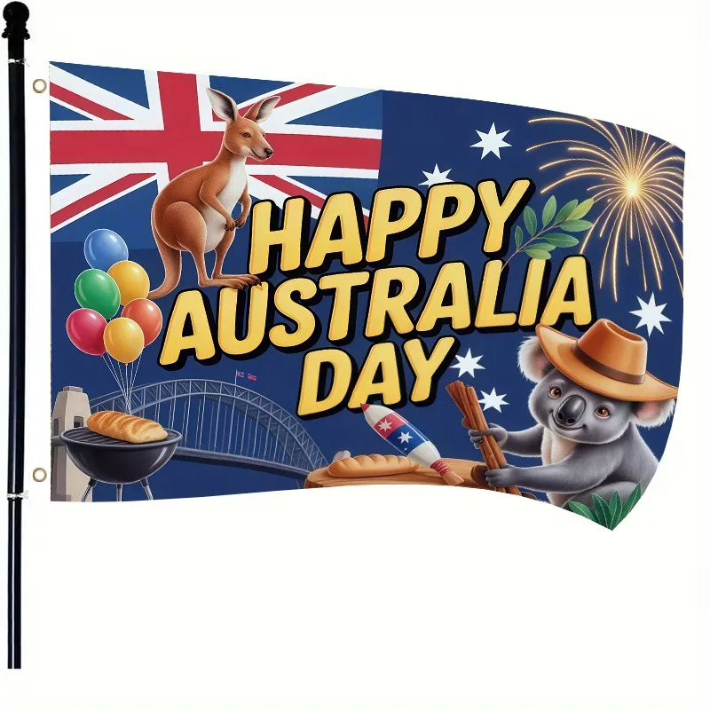 Happy Australia Day Flag With Kangaroo Koala Artworks Sydney Bridge Bbq 3x5 Feet Single-sided Acrylic Pole Hole