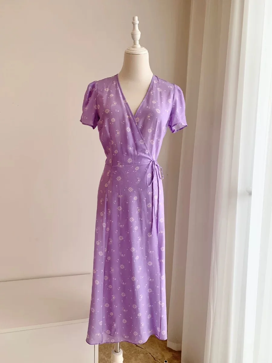 Purple Star and Moon Print Women's Midi Dress Summer Lace-up Waist V-Neck Short Sleeve Casual Female Silk Robe