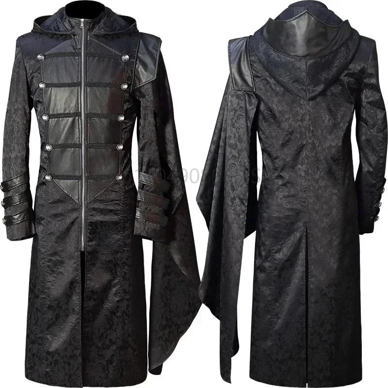 

Medieval Retro Steampunk Cosplay Costume For Adult Men Fashion Long Sleeve Jacket Coat Hooded Trench