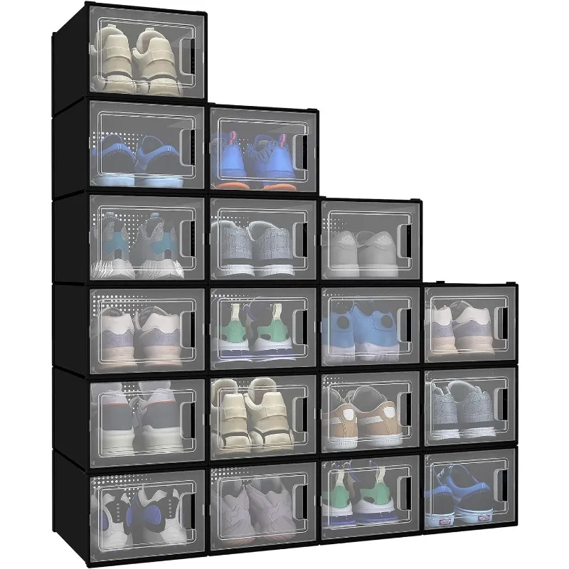 

18 Pack Shoe Storage Boxes Fit up to US Size 13, Stackable Plastic Shoe Organizer Box, Space Saving Sneaker Containers(Black)