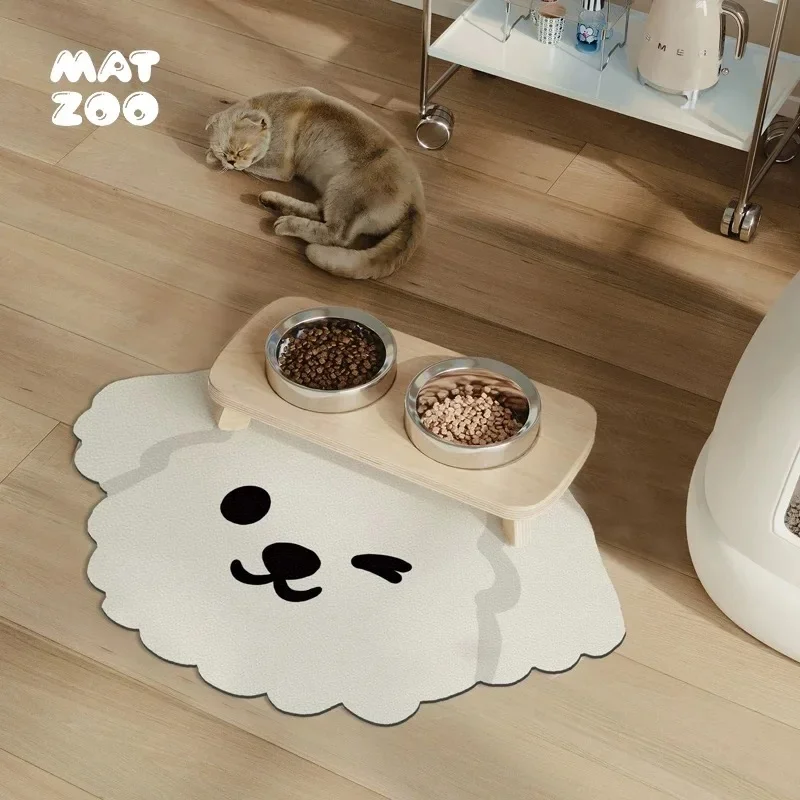 VIKAMA Cute Winking Dog Shaped Pet Mat White Cartoon Puppy Non Slip Water Proof Food Bowl Floor Rug For Dogs Cats