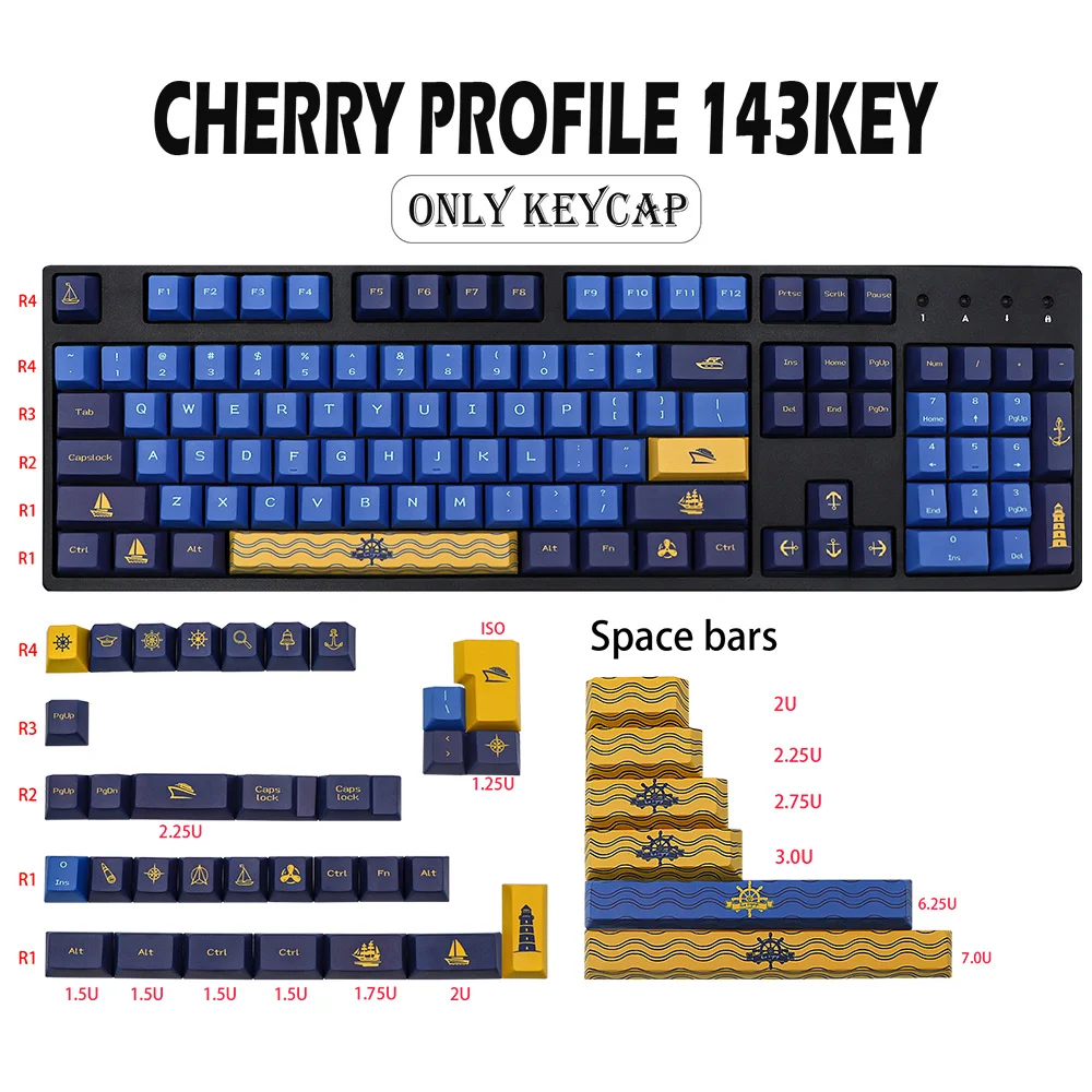 

143 Key Nautical Theme Keycap pbt Cherry Keycaps For gk61/64/NJ68/75/84/87/96/980/108 Mechanical Keyboard 3u 7u spaces Key Cap