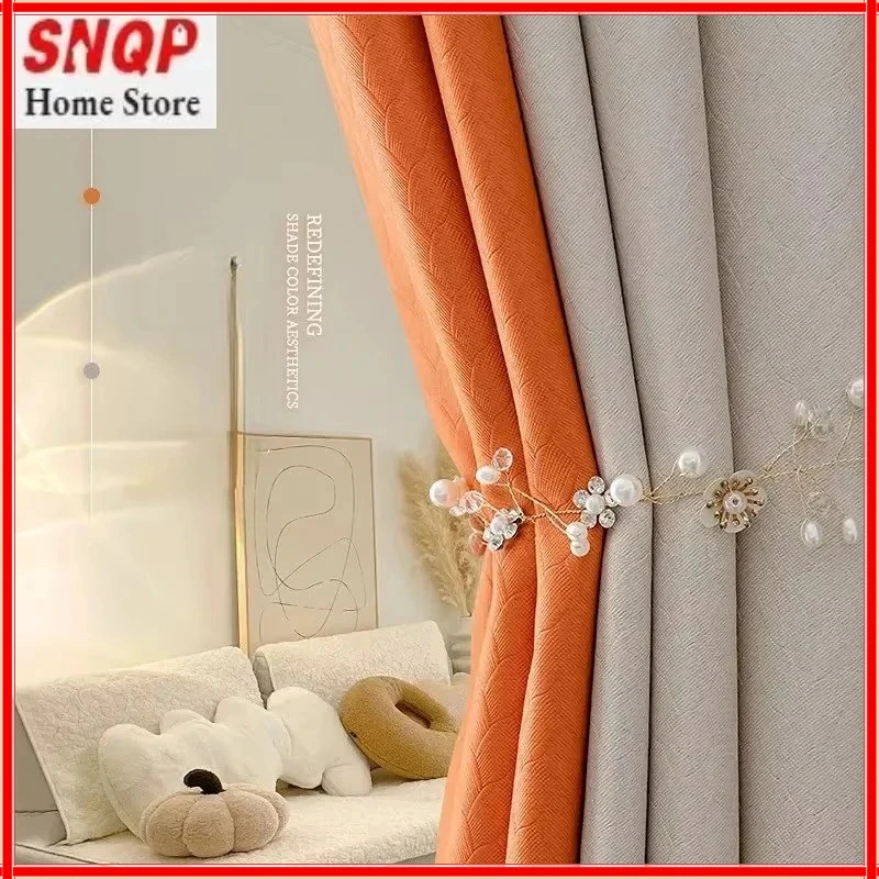 

French Blackout Luxury Curtains for Living Room Bedroom Elegant Window Door Kitchen Decoration Orange Beige Stitching Printing
