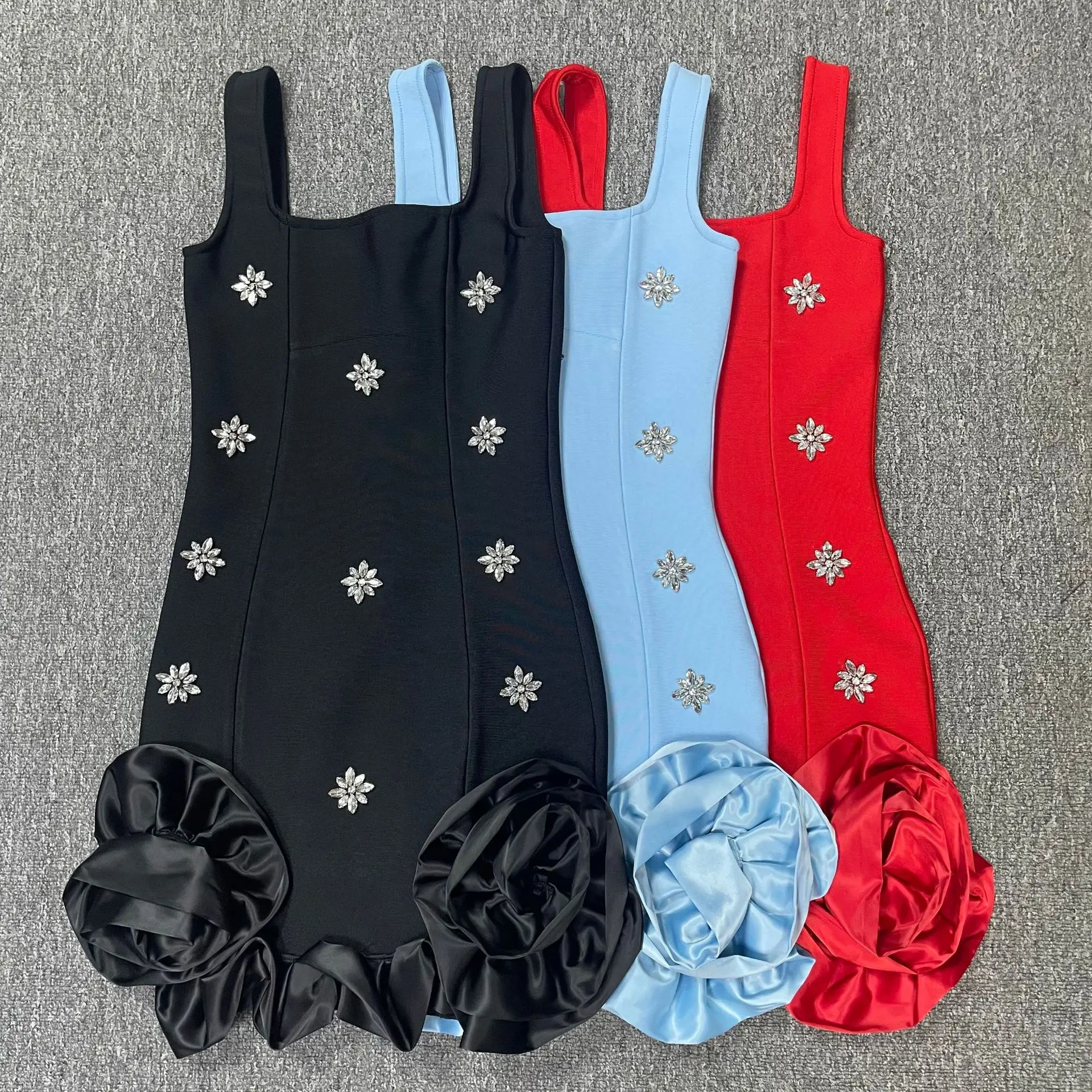 

5-цветное женское летнее бандажное платье на бретельках с квадратным воротником и кристаллами, цветочными аппликациями подол, облегающее мини-платье, ткань для уличной вечеринки