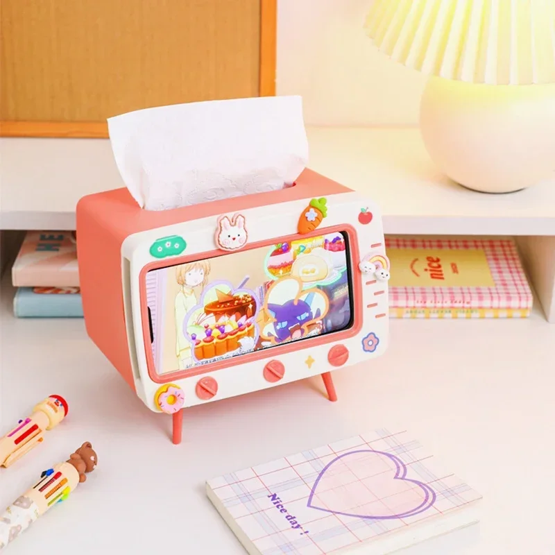 Cute Multifunction Tissue Box Holder Square for Home Desktop Decor Tv Tissue Box Case Pink Phone Holder Storage Organizer