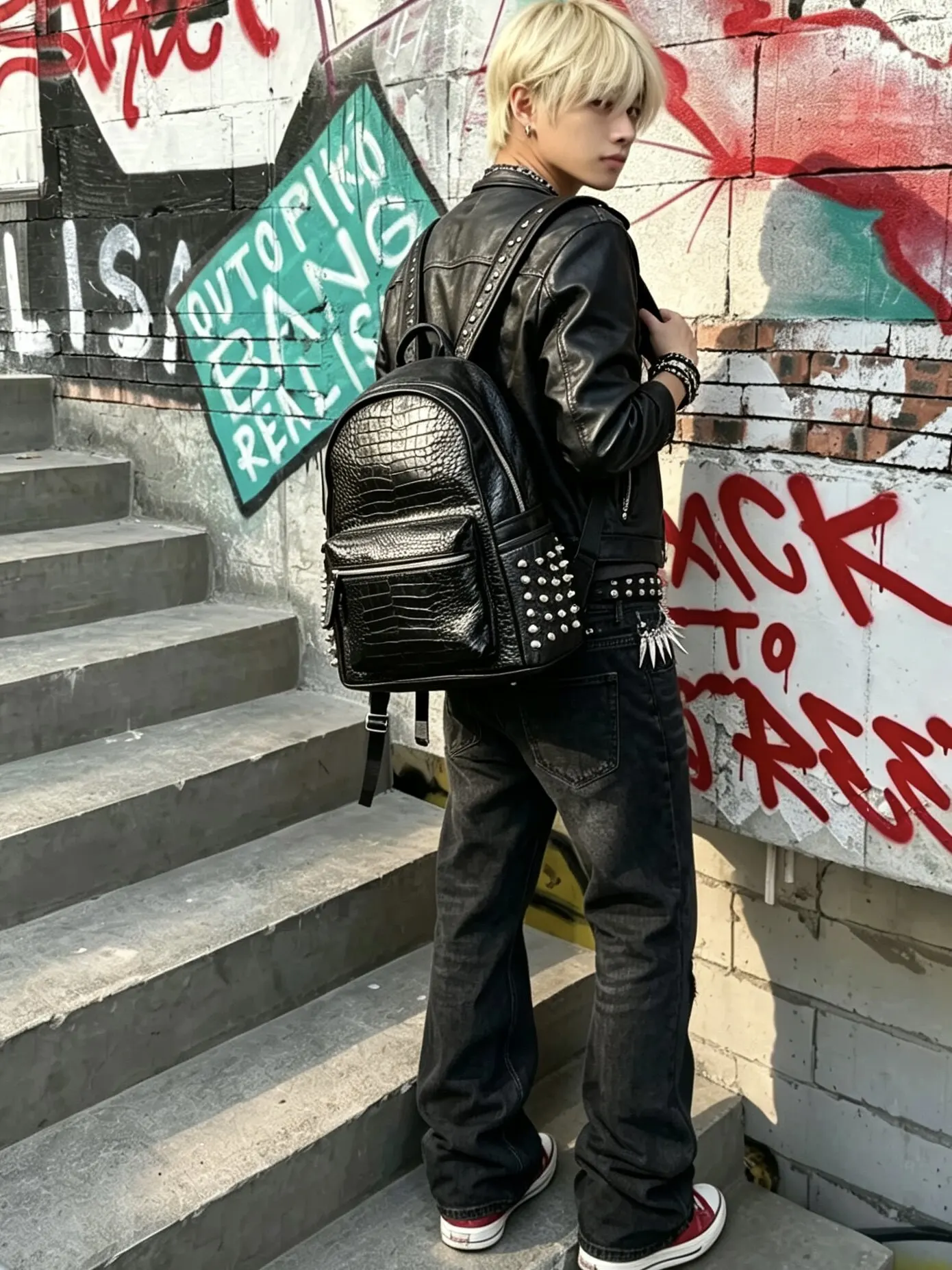 Mochila de cuero de cocodrilo oscuro con remaches, estilo punk americano, para hombre, de gran capacidad, ideal para estudiantes, mochila de estilo urbano.