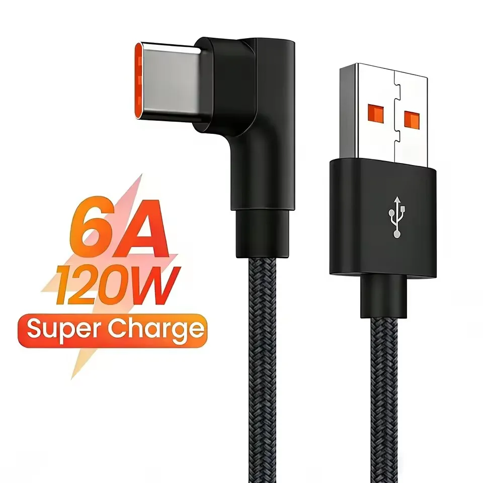 6A 120W Type C USB Fast Charging Elbow Cable For Xiaomi 17 Redmi POCO Huawei Honor OPPO Realme Type-C Quick Charge Braided Cable