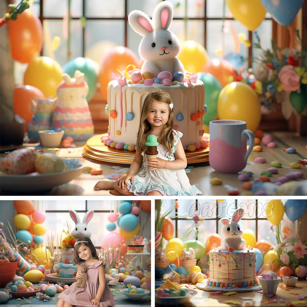 

Easter Photography Backdrop Easter Decor Colorful Cake Decorations Bunny Balloon Kid Birthday Portrait Background Photo Studio