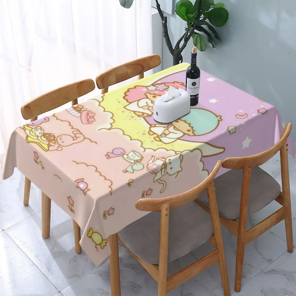 Rectangular Waterproof Oil-Proof Little Twin Stars Sanrio Kiki Lala Tablecloth Backing Elastic Edge Table Covers Fit Table Cloth