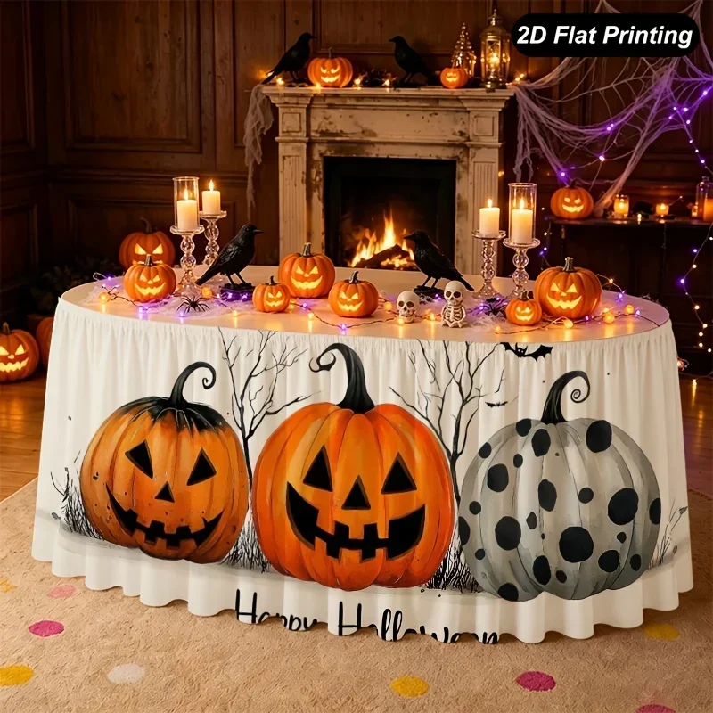 1pc Halloween table skirt, light cream watercolor Halloween pumpkin branches, suitable for Halloweenxzj