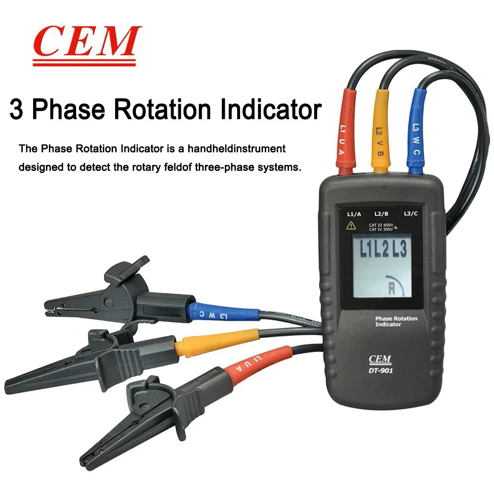 CEM Handheld 3-Phase Rotation Indicator Meter, AC Phase Sequence Indicator 40V-690V AC with LCD Display