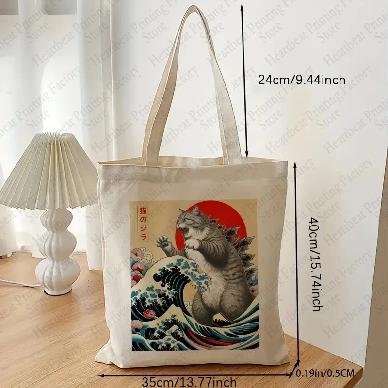 Catzilla Cat Japanese Art Funny Cat Gifts Pattern Tote Bag Canvas Shoulder Bags Women\'s Reusable Shopping Bags Best Gift