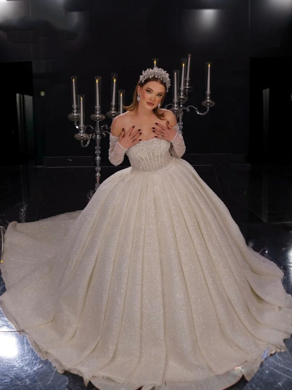 

Flavinke Customized Shiny Ball Gown Corset Wedding Dresses Off the Shoulder Luxurious Gown Long Sleeves Women Dreamy Dresses