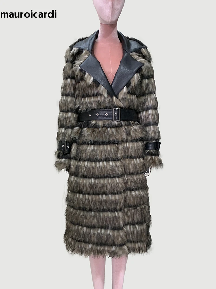 Mauroicardi Spring Winter Long Thick Warm Soft Fluffy Hairy Striped Faux Fox Fur Coat Women Luxury Elegant Chic Furry Overcoat