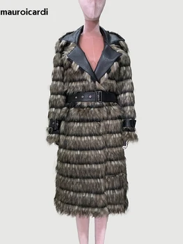 Mauroicardi primavera invierno largo grueso cálido suave peludo rayas imitación abrigo de piel de zorro mujeres de lujo elegante abrigo peludo