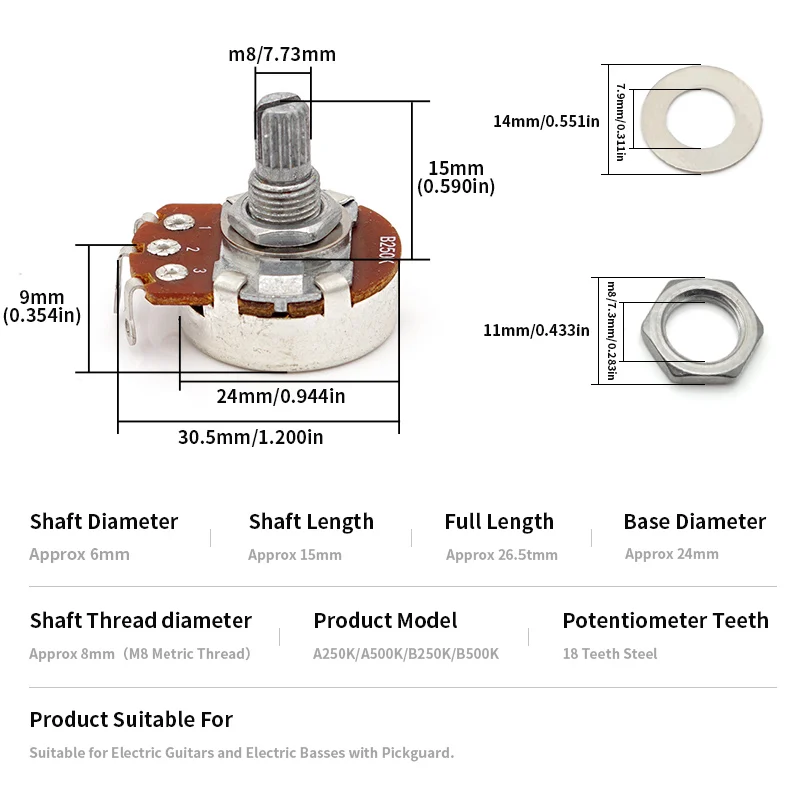 4pcs Guitar Pots Volume 500K Electric Guitar Large Pots 24mm Base with 15mm Split Shaft Guitar Potentiometer B500K