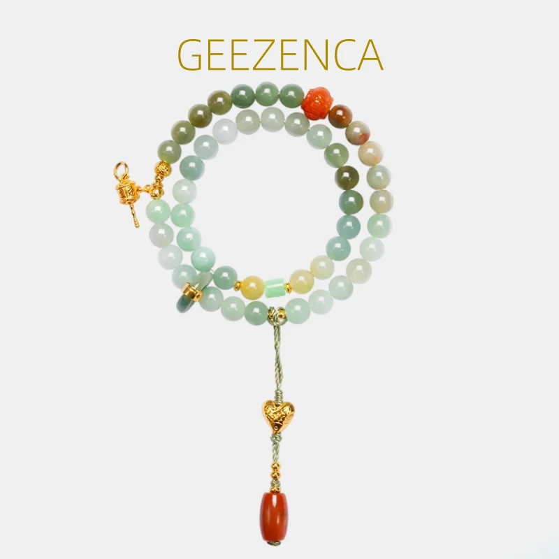 GEEZENCA Natural Jadeite Agate 925 Silver Double Loops Beaded Bracelet For Women Luxury Vintage Strand Bracelets 2023 New Gift