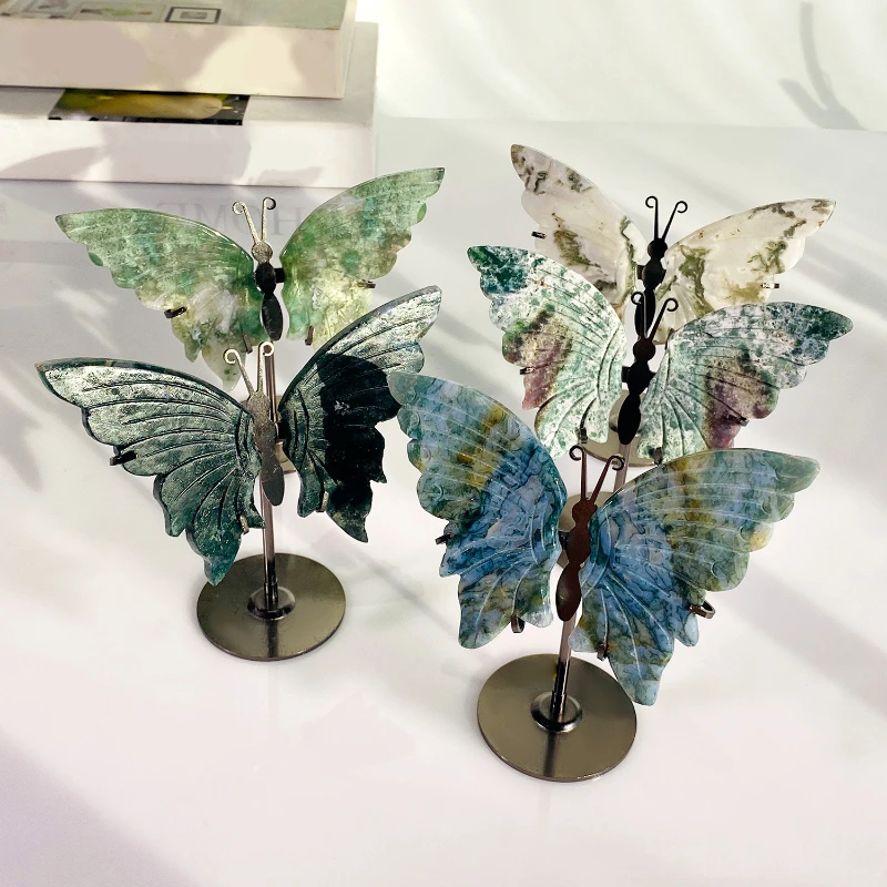 

Moss Agate Butterfly Wings with Stand Crystal Butterfly Wings Sculpture Spiritual Healing Crystal Carving Crystal Wings Gift