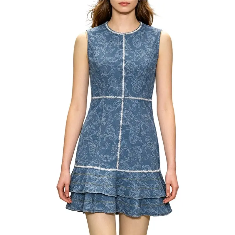Women's Sleeveless Denim Mini Dress Crew Neck Ruffle Hem Slim Fit Jean Dress For Casual Blue S Eco-Friendly