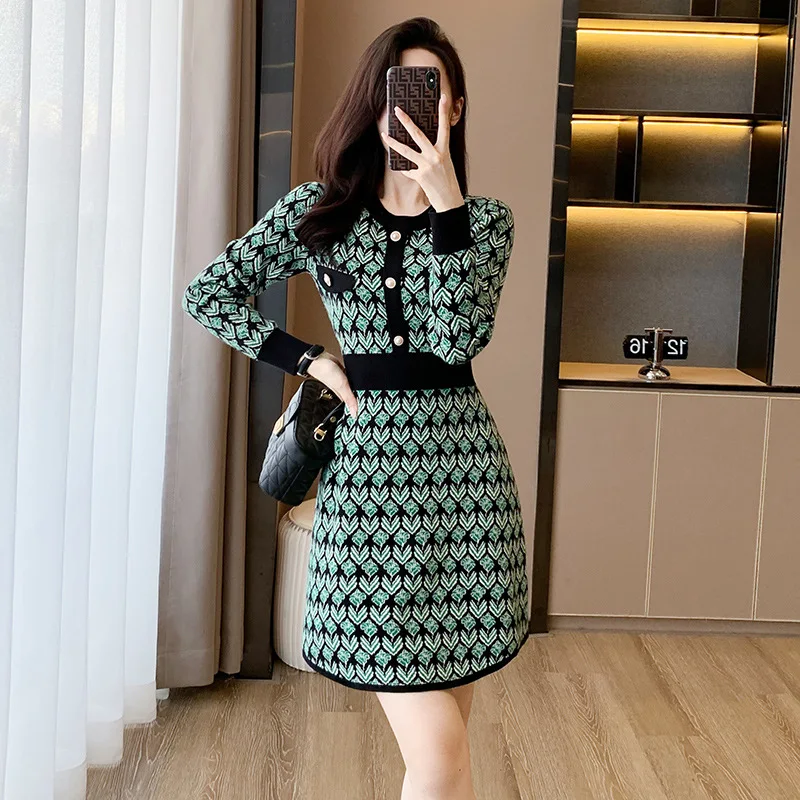 Temperament Chanel Style Knitted Dress Women 2024 Autumn New Jacquard Round Neck Long Sleeve Bottom A-line Sweater Dress LJ696