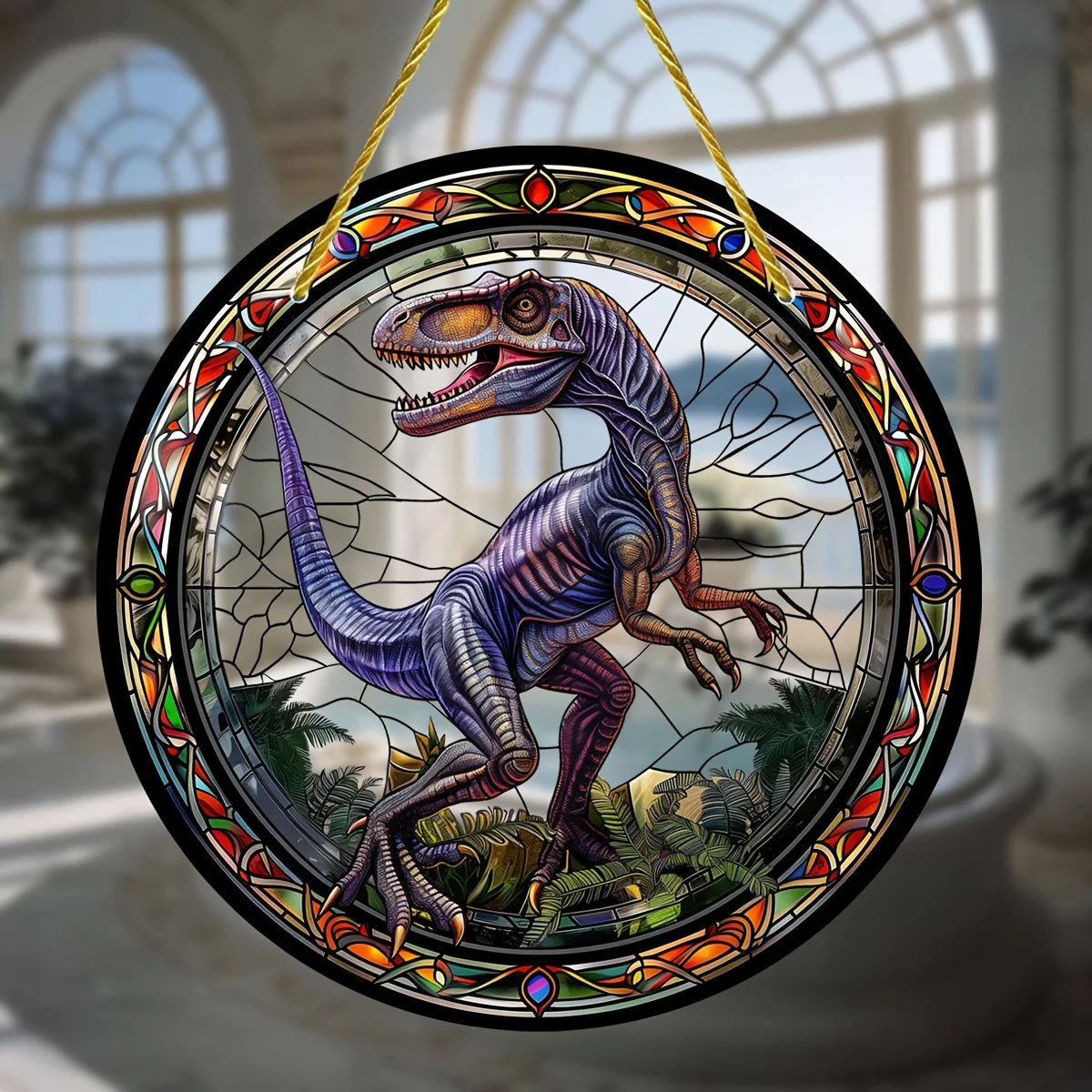 Velociraptor Stained Window Hanging Suncatcher,Round Acrylic Sign,For All Season,Porch,Wreath,Home,Jurassic Collectible Gift