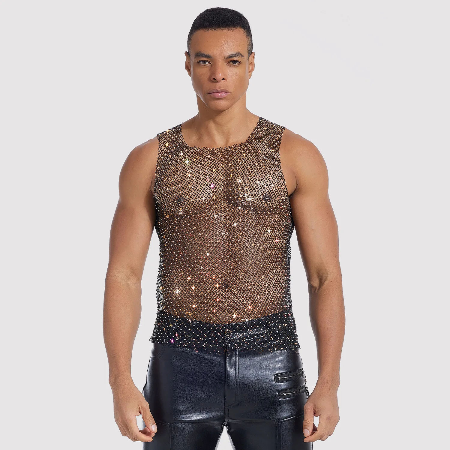 

Rhinestone Tank Tops Men's Sexy Tops Stretch O Neck Sleeveless Shirt Fishnet See-through Vest Shiny Mesh Tshirt Men's Party Wear