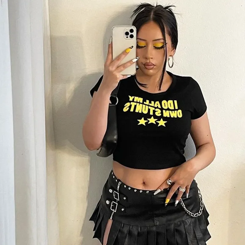 

I Do All My Own Stunts Short Sleeved Graphic T Shirt Women Crop Top Summer Fashion 90s Yellow Fashion Cropped Tee Female Clothes