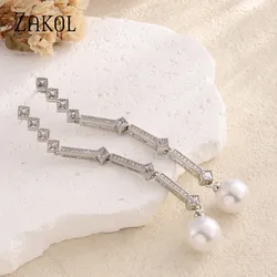ZAKOL New Pearl Pendant Earrings For Women Fashion Exquisite Long Tassel Earring Engagement Wedding Party Jewelry
