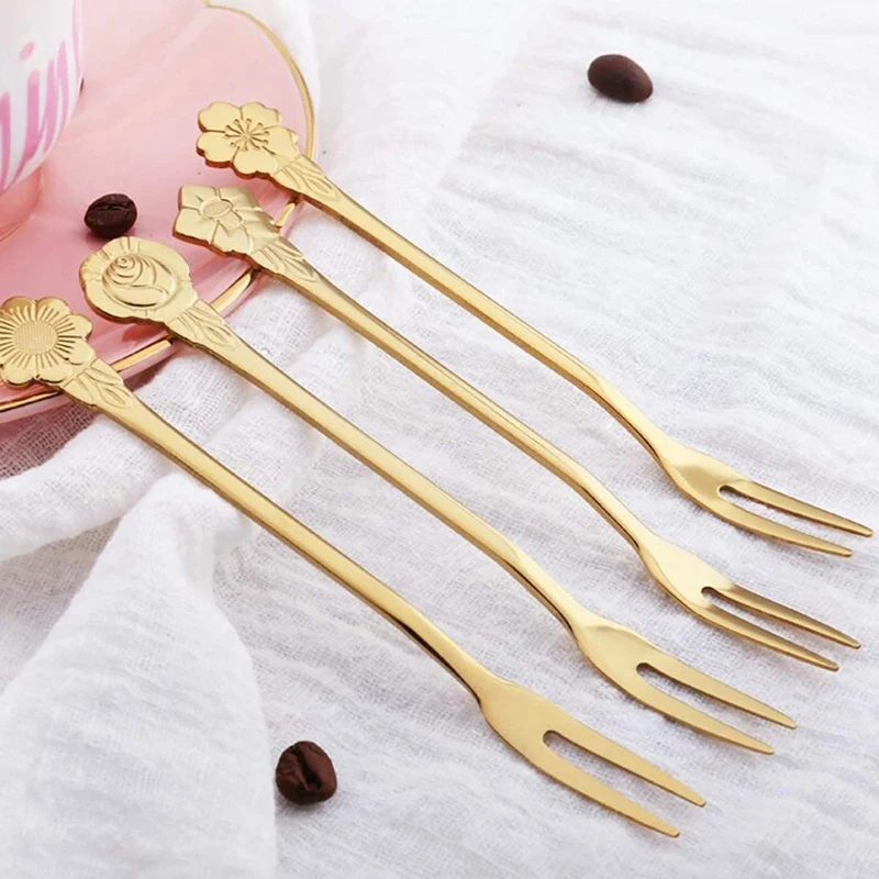 16Pcs 5.3 Inch Flower Stainless Steel Fruit Forks Dessert Cake Forks Salad Cocktail Fork Two Prong Dinner Fork