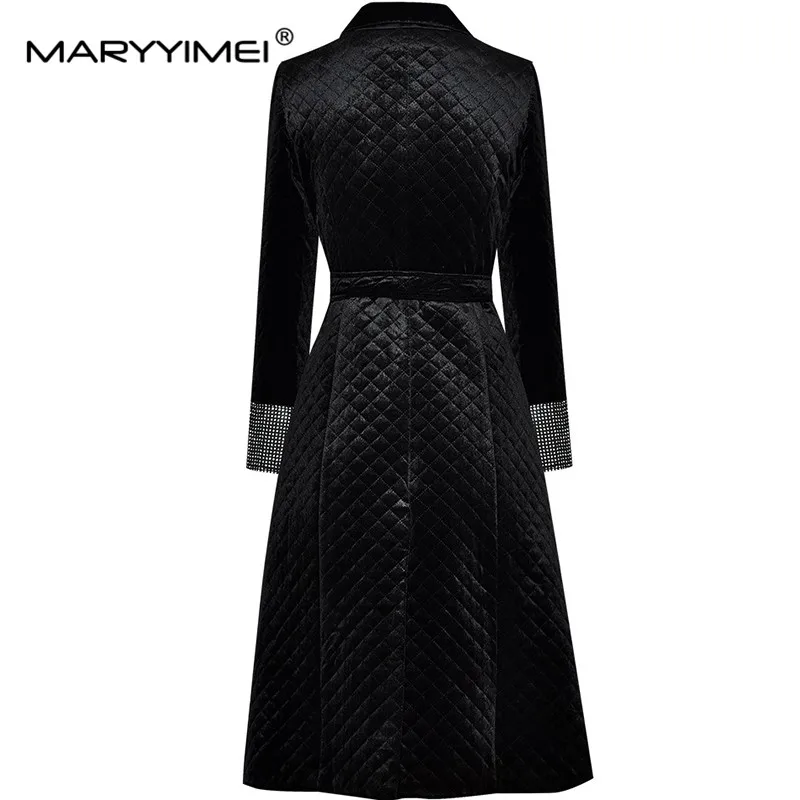 MARYYIMEI Women\'s Elegant Daily Basic Casual Style Coat Long-Sleeved Nail Drill Double-Breasted Lace-Up Slim Black Overcoat