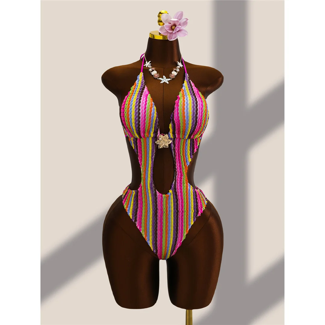 Gestreifter, farbenfroher, ausgeschnittener, einteiliger Badeanzug mit Neckholder für Damen, Monokini mit hohem Beinausschnitt, Badebekleidung, Badeanzug, Schwimmanzug V8304 – Detail 4