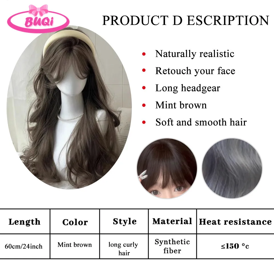 24 Inch Mint Brown Synthetic Hair Wig Women's Long Hair Middle Part Bangs Long Wavy Hairs for Women Daily Cosplay Heat Resistant