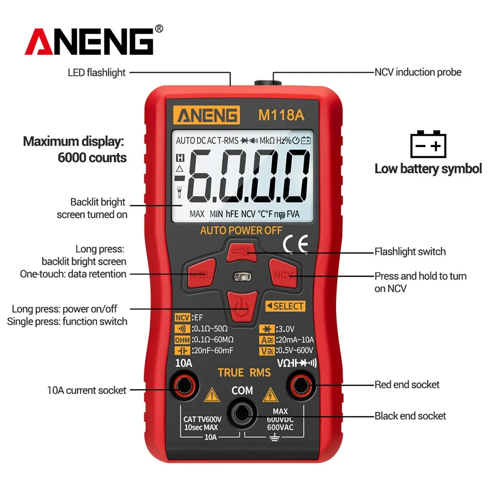 ANENG M118A Mini multimetro digitale Tester Auto Mmultimetro True Rms Tranistor Meter con NCV Data Hold 6000 conteggi torcia