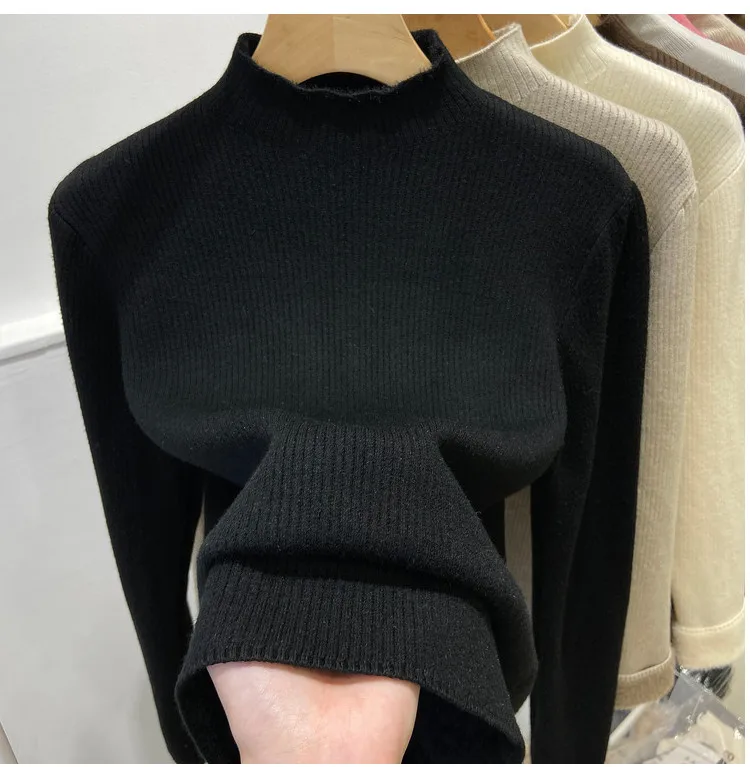 Turtleneck Winter Sweater Women Elegant Thicken Velvet Lined Warm Sueter Knitted Pullover Slim Tops Jersey Knitwear Jumper New