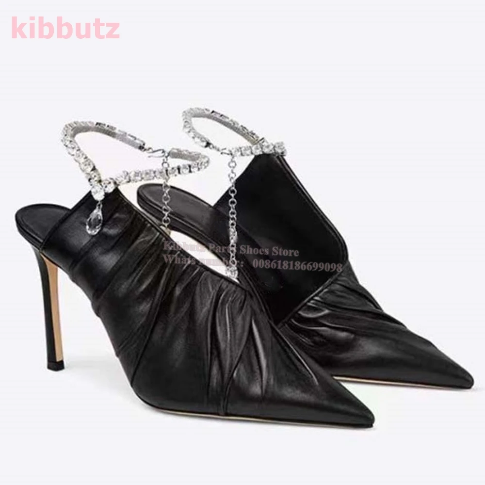 Crystal Ankle Chain Pumps Glossy Pleated Genuine Leather Pointed Toe Thin Heels Solid Color Fashion Elegant Sexy Women Shoes New