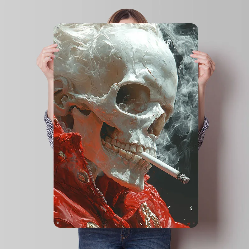Rauchender Totenkopf in Rot Bedrucktes Poster Individualisierte Retro-Wandkunst Vintage Metallschilder zur Heimdekoration Innenraum Garten
