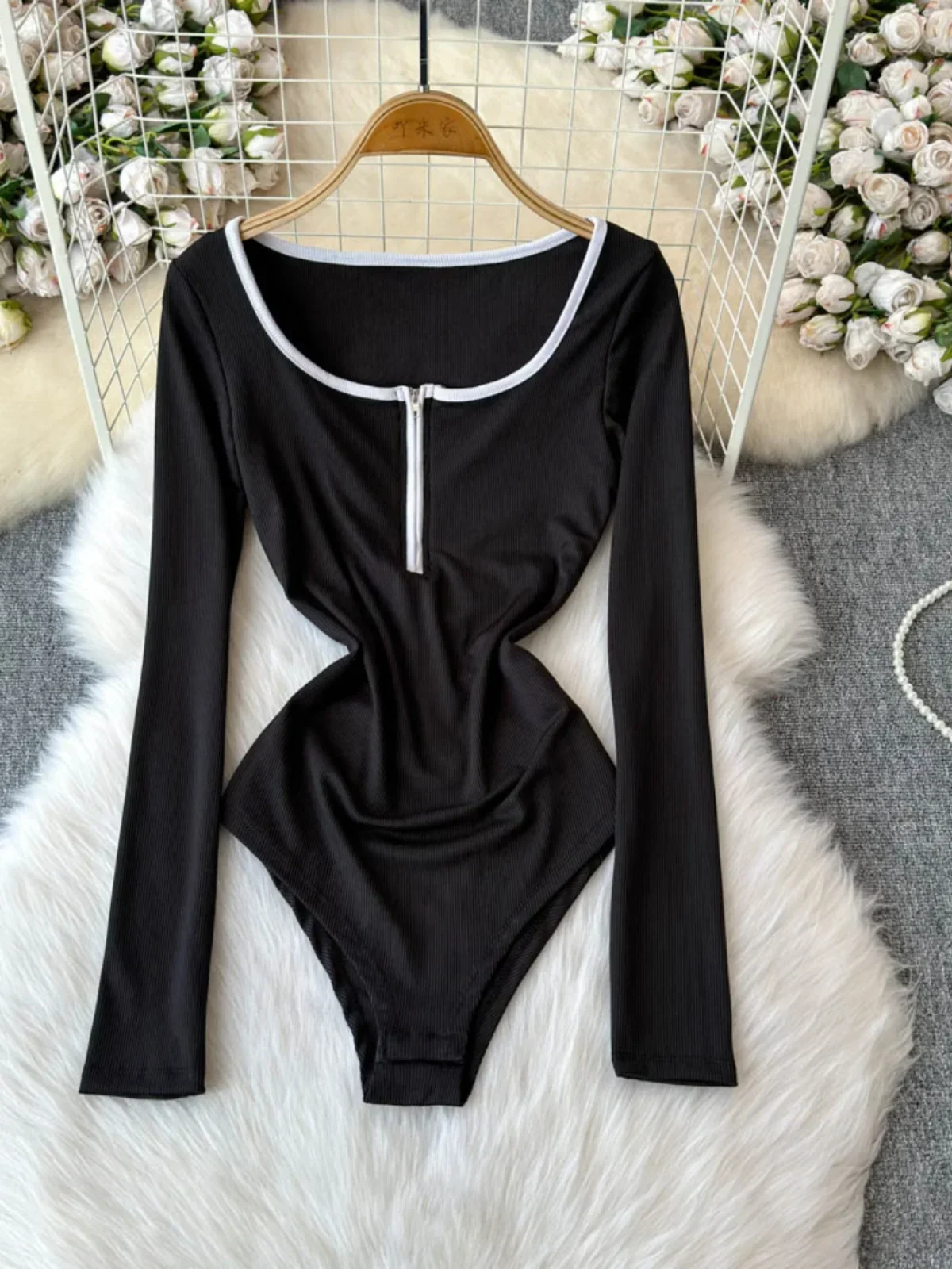 Foamlina American Women's Clothing Black White Contrast Color Slim Jumpsuit Women's Autumn Long-sleeve Jumpsuit Top Shirt