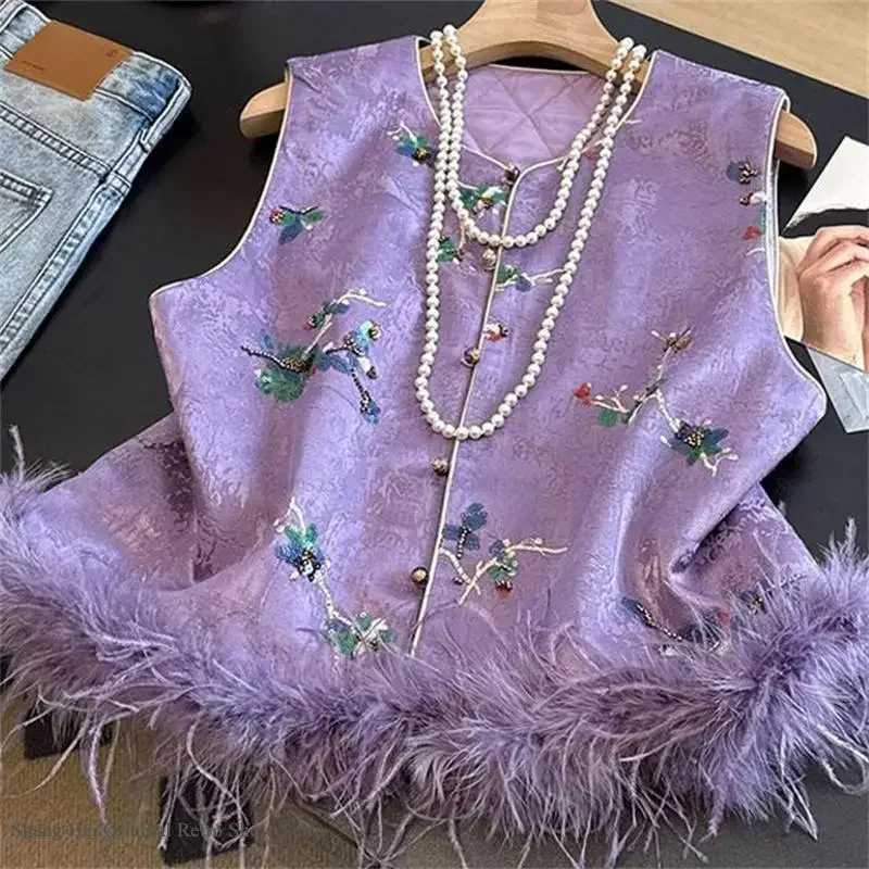 

New Chinese Style Qipao Vest Top Traditional Chinese Tang Clothes Jacket Luxury Feather Jacquard Sequin Outwear Hanfu Waistcoat