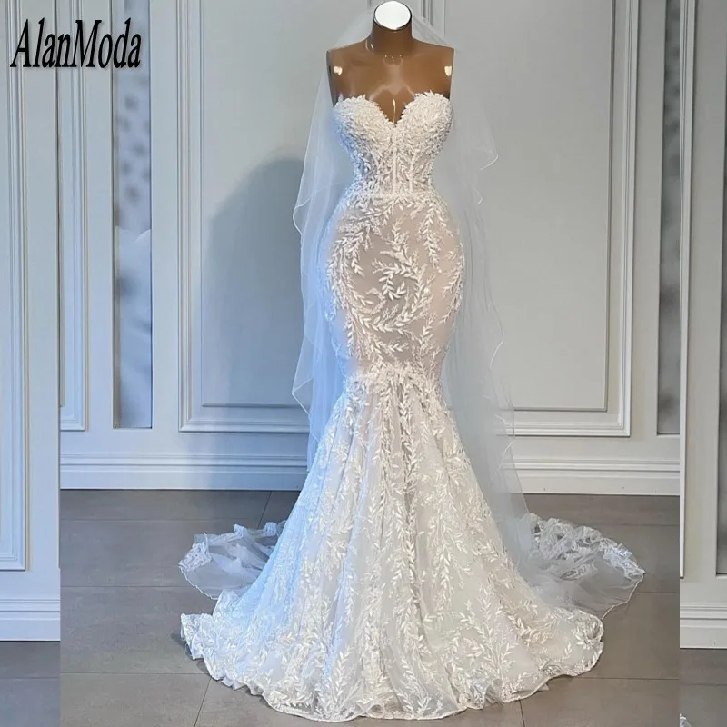 

Luxury Lace Wedding Dresses For Woman Sweetheart Applique Vintage Mermaid Bridal Gowns Sweep Train Vestidos De Novia 2023