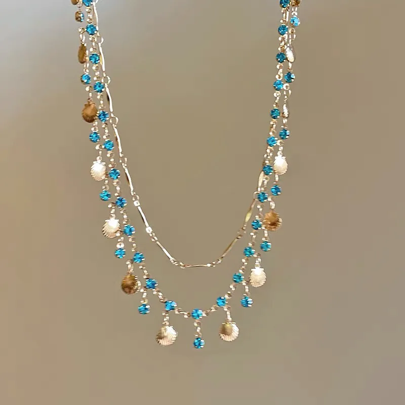Elegante blaue Zirkon-Metall-Muschel-Kette für Frauen, einzigartiges Design, leichte Luxus-Schmetterlings-Herz-Halskette, Freundschaftsschmuck – Detail 8