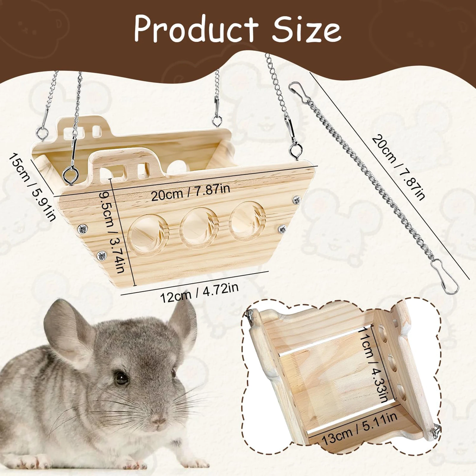 Hängematte aus Holz für Haustiere, Plattform für Kaninchen, Chinchillas, Hamster, Kiefernholz, sicher, kaubeständig, Käfigzubehör mit verstellbarer Kette – Detail 7