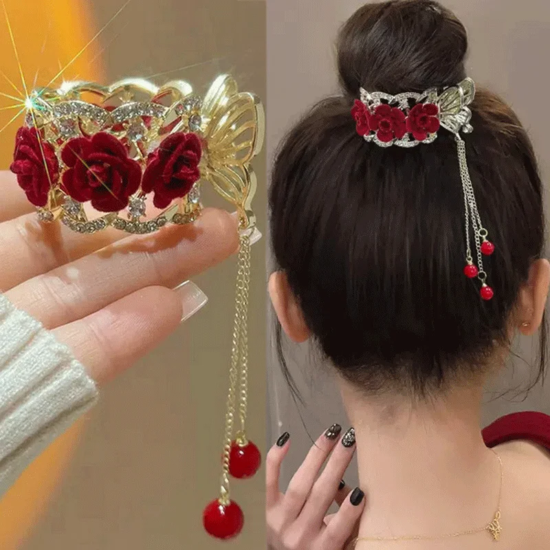 Red Rose Tassel Ponytail Buckle Ladies Elegant Hair Clip