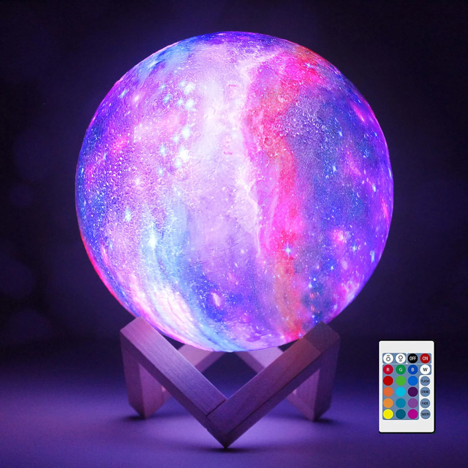 Upgrade Moon Lamp Lava Lamp,3D Printing Galaxy Night Light with Wooden Stand 16 LED Colors,Remote,USB Rechargeable,3 inch